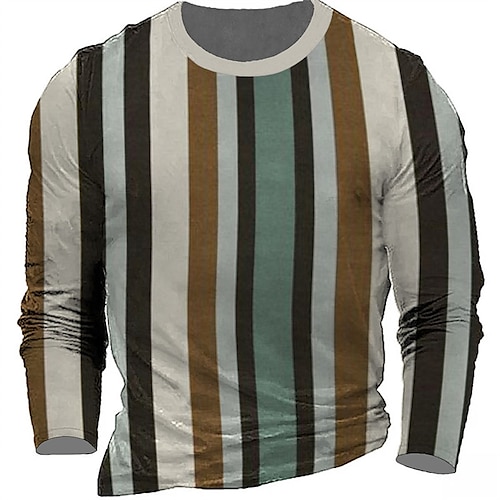 

Men's T shirt Tee Striped Graphic Prints Crew Neck Green Blue Brown 3D Print Outdoor Street Long Sleeve Print Clothing Apparel Basic Vintage Sports Designer