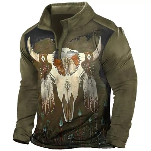 

Men's Golf Shirt Antelope Turndown Army Green 3D Print Outdoor Street Long Sleeve Zipper Print Clothing Apparel Fashion Designer Casual Breathable
