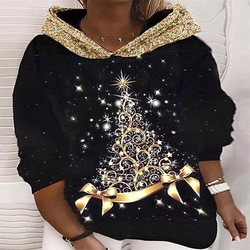 

Women's Plus Size Christmas Tops Hoodie Sweatshirt Tree Sequins Print Long Sleeve Hooded Casual Festival Vacation Polyester Winter Fall Black