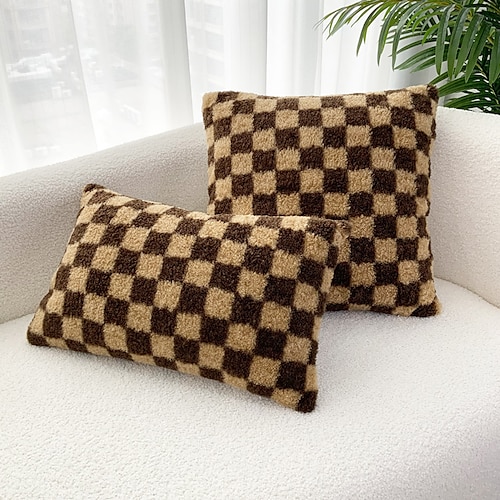 

Lamb Fleece Throw Pillow Cover Geometric Plaid Brown Square Zipper Traditional Classic for Sofa Couch Bed Chair