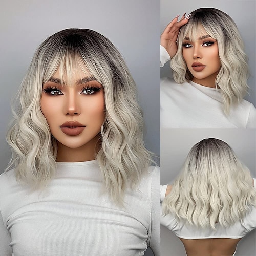 

Black Ombre White Blonde Wig Short Body Wavy Bob Wigs for Women With Bangs Shoulder Length Synthetic Cosplay Party Wig for Girls Daily Use Colorful Christmas Wigs