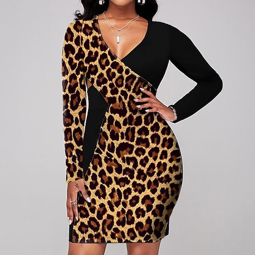 

Women's Work Dress Sheath Dress Midi Dress Black Long Sleeve Leopard Print Winter Fall Autumn V Neck Modern Winter Dress Fall Dress Slim 2022 S M L XL 2XL 3XL