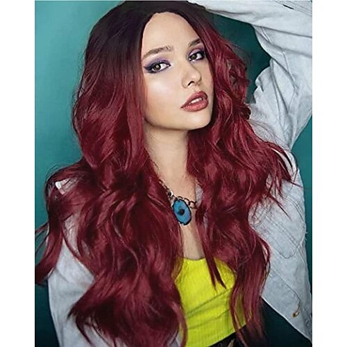 

Long Ombre Red Wigs for Women Middle Part Curly Wigs Natural Looking Synthetic Heat Resistant Fiber Wigs ChristmasPartyWigs