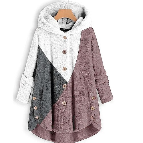 

Women's Plus Size Fleece Jacket Teddy Coat Button Color Block Outdoor Causal Long Sleeve Hooded Regular Winter Fall Blue Pink Red L XL XXL 3XL