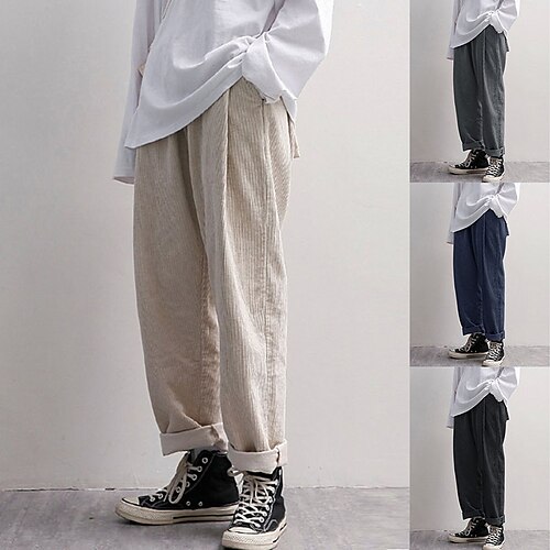 

Men's Corduroy Pants Trousers Casual Pants Pocket Drawstring Solid Colored Comfort Soft Cotton Blend Fashion Simple Blue Khaki Micro-elastic