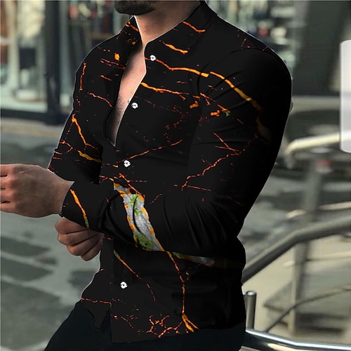 

Men's Shirt Abstract Crack Turndown Orange 3D Print Outdoor Street Long Sleeve Button-Down Print Clothing Apparel Fashion Designer Casual Breathable