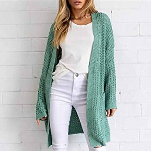 

Women's Cardigan Sweater Jumper Waffle Knit Tunic Knitted Front Pocket Pure Color Open Front Stylish Casual Outdoor Daily Winter Fall Green Pink S M L / Long Sleeve / Holiday / Regular Fit