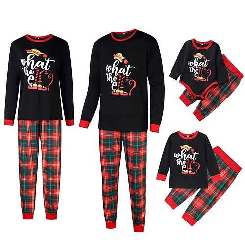 

Family Christmas Pajamas Ugly Cotton Plaid Letter Home Black Long Sleeve Mom Dad and Me Basic Matching Outfits