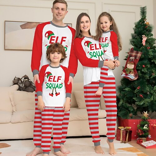 

Family Look Christmas Pajamas Letter Striped Home Red Long Sleeve Daily Matching Outfits