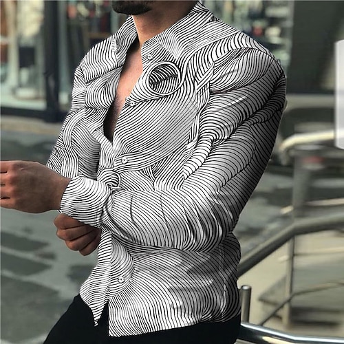 

Men's Shirt Abstract Graphic Prints Linear Turndown Black 3D Print Outdoor Street Long Sleeve Button-Down Print Clothing Apparel Fashion Designer Casual Breathable