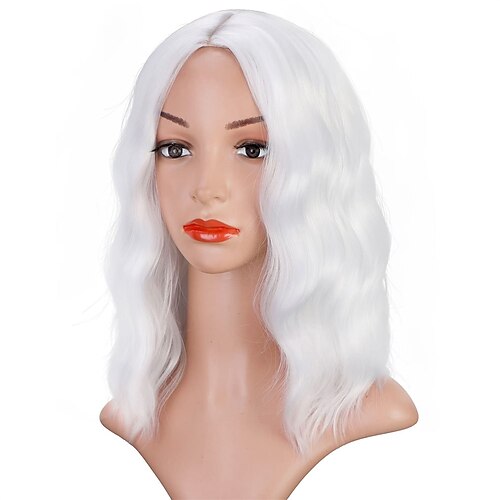 

White Wigs For Women 14 Inch Shoulder Length Prime White Wig Heat Resistant Best Synthetic Wigs Middle Part Short Curly Wavy Bob Wig for Ladies Daily Cosplay Christams Party Use ChristmasPartyWigs