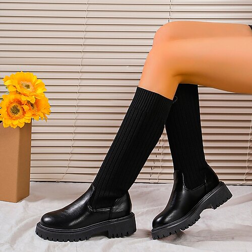 

Damen Stiefel Übergrössen Täglich Kniehohe Stiefel Winter Blockabsatz Runde Zehe Klassisch Wanderschuhe PU Leder Halbschuhe Einfarbig Schwarz