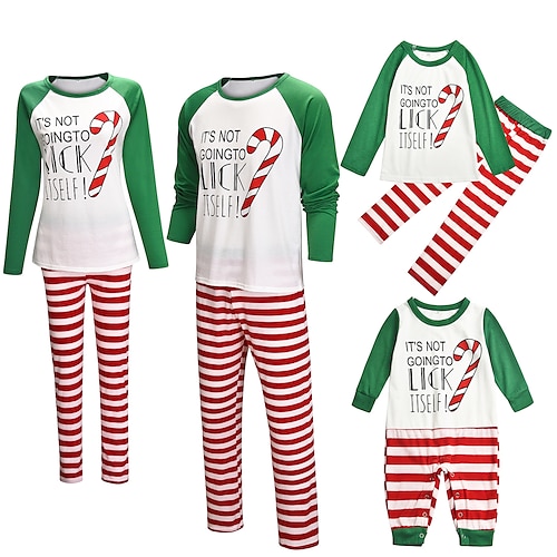 

Christmas Pajamas Ugly Family Set Letter Candy Cane Striped Home Green Long Sleeve Mom Dad and Me Mom Dad and Me Basic Matching Outfits
