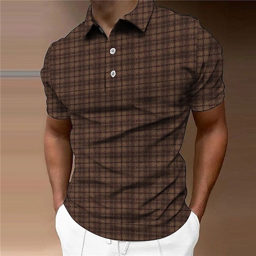 

Men's Collar Polo Shirt Golf Shirt Plaid Turndown Brown Gray 3D Print Outdoor Street Short Sleeves Button-Down Print Clothing Apparel Fashion Designer Casual Breathable / Summer