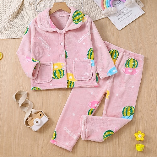 

Toddler Girls' Pajama Set Long Sleeve Pink Cactus Pocket Fall Winter Adorable Home 3-7 Years