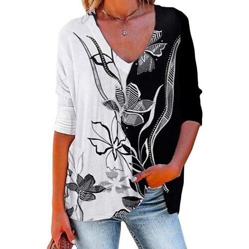 

women's clothing v-neck pullover printing long-sleeved loose t-shirt women's top