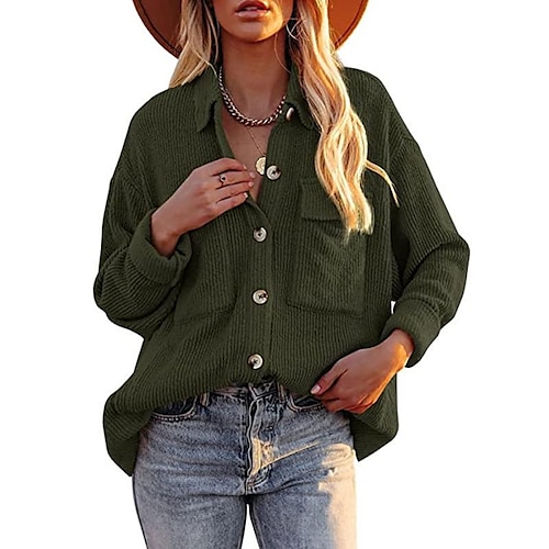 

Women's Blouse Shirt claret Black Dark Blue Plain Button Pocket Long Sleeve Casual Basic Shirt Collar Regular S