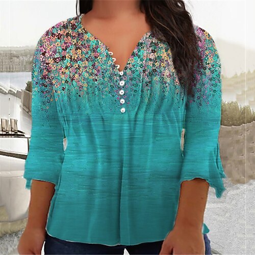 

Women's Plus Size Tops Blouse Shirt Floral Button Print 3/4 Length Sleeve V Neck Casual Daily Vacation Cotton Spandex Jersey Winter Fall Blue Royal Blue