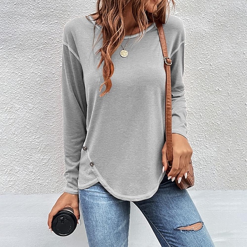 

independent station amazon wish europe and the united states 2022 autumn and winter new women's solid color button irregular edge t-shirt