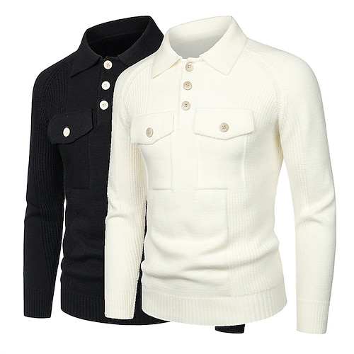 

Men's Pullover Sweater Jumper Ribbed Knit Cropped Knitted Solid Color Turndown Keep Warm Modern Contemporary Work Daily Wear Clothing Apparel Winter Spring & Fall Black Beige M L XL