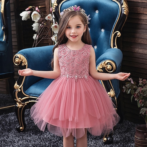 

Girls' Tulle Dress Short Sleeve Jacquard Solid Colored 3D Printed Graphic Dresses Princess Sweet Maxi Polyester Dress Summer Spring Kids Party Birthday Slim Ruffle Sparkle