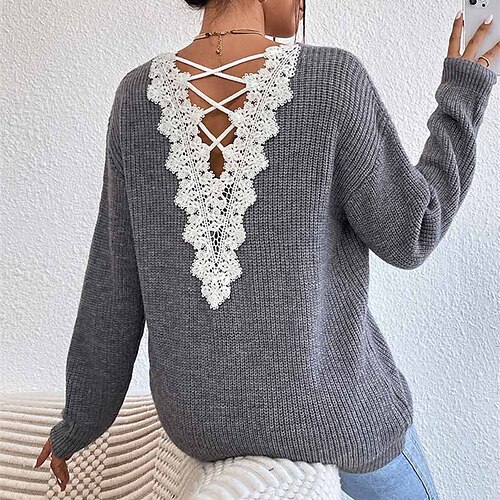 

Women's Pullover Sweater jumper Jumper Ribbed Knit Open Back Knitted Pure Color V Neck Stylish Sexy Outdoor Daily Winter Fall Gray S M L / Long Sleeve / Holiday / Regular Fit / Going out