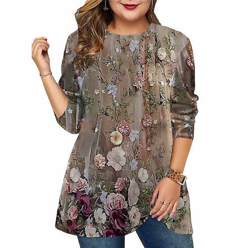 

Women's Plus Size Tops T shirt Tee Floral Print Long Sleeve Crewneck Casual Daily Holiday Cotton Spandex Jersey Winter Fall Green khaki