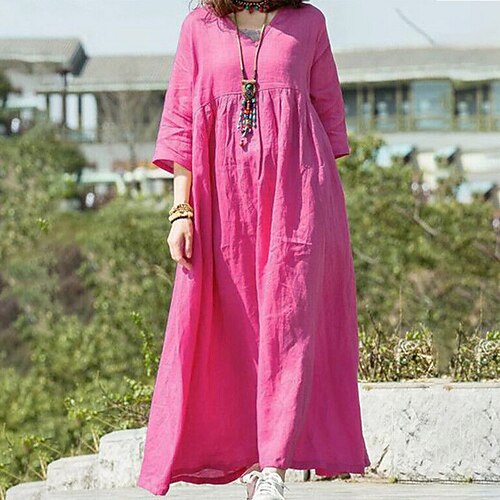 

Women's Casual Dress Shirt Dress Swing Dress Long Dress Maxi Dress Black Fuchsia Dark Blue 3/4 Length Sleeve Pure Color Patchwork Winter Fall Autumn V Neck Basic Weekend Loose Fit 2022 S M L XL XXL