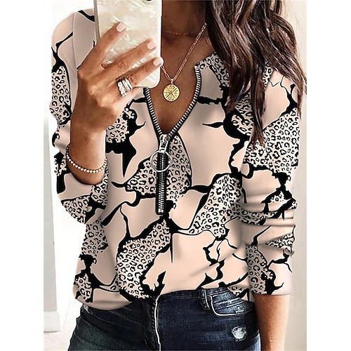 

Women's Shirt Khaki Leopard Quarter Zip Print Long Sleeve Casual Weekend Streetwear V Neck Regular S