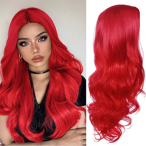

Fancy Hair Long Red Wavy Wigs for Women Curly Middle Part Red Wig Natural Looking Synthetic Heat Resistant Fiber Wigs Hair for Daily Party Use ChristmasPartyWigs