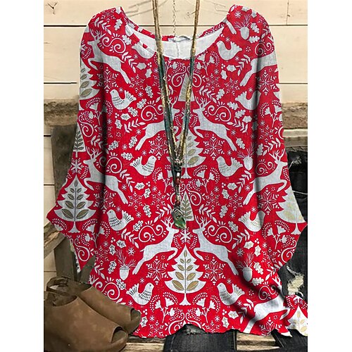 

Women's Plus Size Christmas Tops Blouse Shirt Deer Sunflower Print Long Sleeve Crewneck Casual Daily Polyester Winter Fall Red Navy Blue