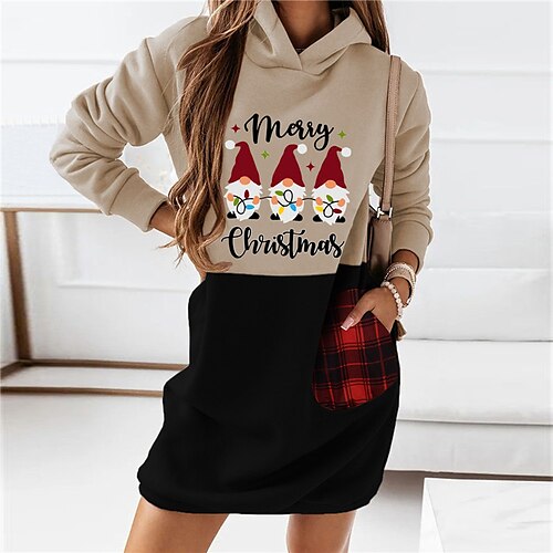 

Women's Christmas Hoodie Dress Winter Dress Mini Dress Khaki Red Black Long Sleeve Plaid Letter Pocket Print Winter Fall Hooded Vacation Casual 2022 S M L XL XXL