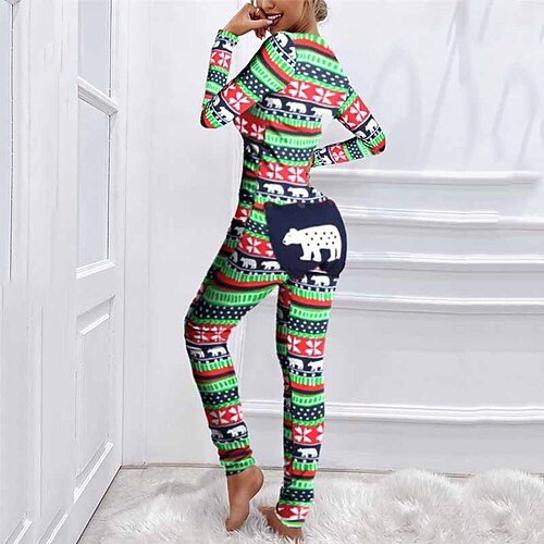 

Women's ChristmasPjs Pajamas Onesies Jumpsuits One Piece Animal Stripe Fashion Comfort Soft Home Carnival Cotton Gift Long Sleeve Winter Fall Green / Pjs