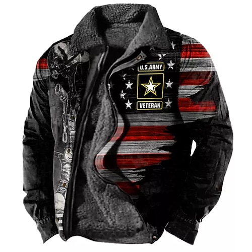 

Men's Coat Fleece Lining With Pockets Daily Wear Vacation Going out Zipper Turndown Streetwear Casual Daily Outdoor Jacket Outerwear National Flag Zipper Fleece Print Black Brown Coffee