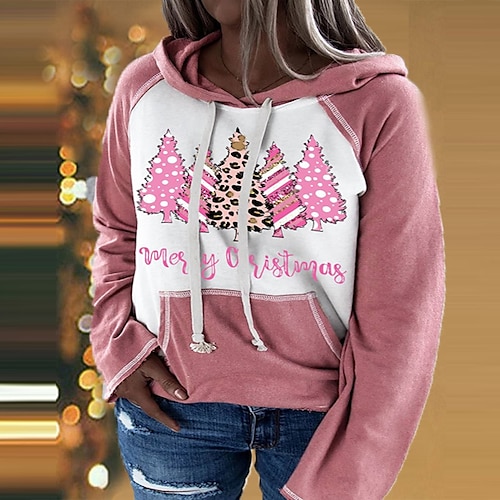 

Women's Plus Size Christmas Tops Hoodie Sweatshirt Letter Tree Pocket Print Long Sleeve Hooded Casual Festival Daily Polyester Winter Fall Pink