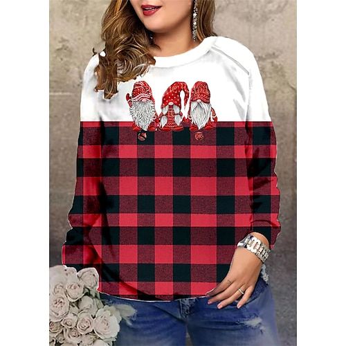 

Women's Plus Size Christmas Tops Pullover Sweatshirt Graphic Plaid Long Sleeve Crewneck Streetwear Daily Polyester Winter Fall Green Red