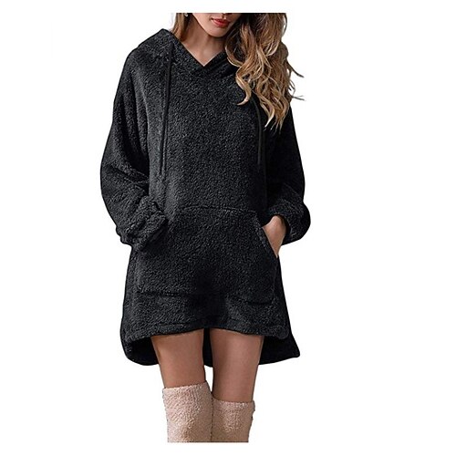 

Women's Hoodie Sweatshirt Pullover Sherpa Fleece Teddy Pocket Black Beige Gray Solid Color Street Hoodie Long Sleeve Fleece S M L XL 2XL