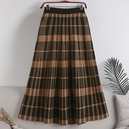 

Women's A Line Midi Knit Khaki Brown Beige Black Skirts Fall & Winter Pleated Knitting Long Vintage Fashion Daily Holiday S M L