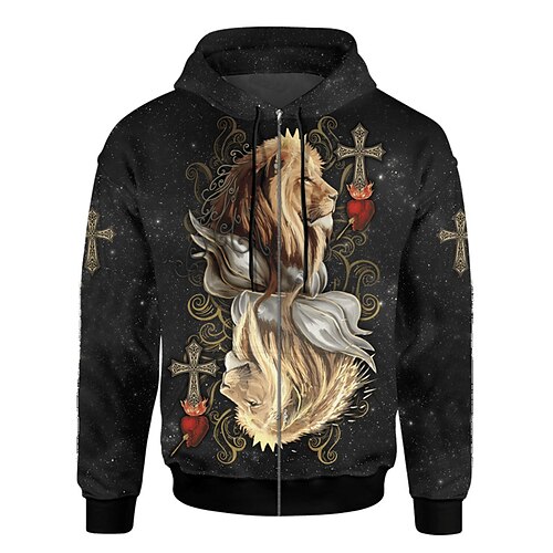 

Men's Full Zip Hoodie Jacket Black Hooded Animal Lion Knights Templar Zipper Print Sports Outdoor Daily Sports 3D Print Streetwear Designer Casual Spring Fall Clothing Apparel Hoodies