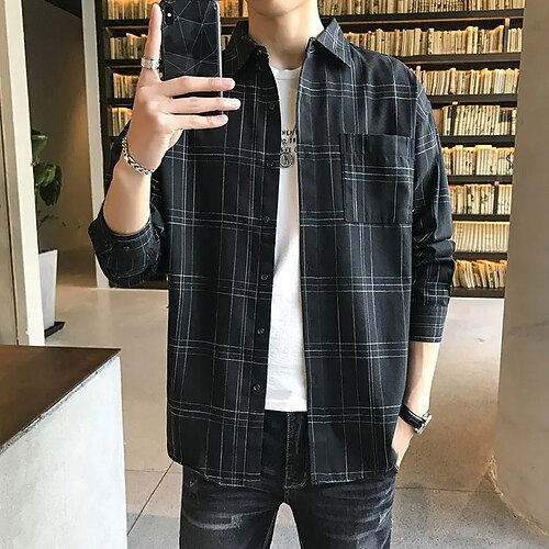 

Men's Shirt Plaid / Check Turndown Green Black Yellow Casual Daily Long Sleeve Button-Down Clothing Apparel Basic Fashion Streetwear Comfortable