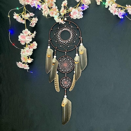 

Dream Catcher Three-ring Handmade Gift with Brown Peacock Feather Wall Hanging Decor Art Wind Chimes Boho Style Car Hanging Home Pendant