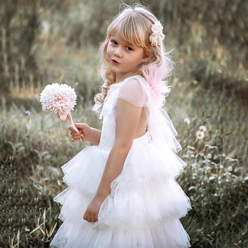

First Communion Wedding Party Princess Flower Girl Dresses Jewel Neck Floor Length Cotton with Tier Pure Color Open Back Tutu Cute Girls' Party Dress Fit 3-16 Years
