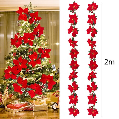 

2M 10LED String Lights Christmas Flowers Garland Artificial Poinsettia Flower Xmas Tree Ornaments For Home Fireplace Decoration