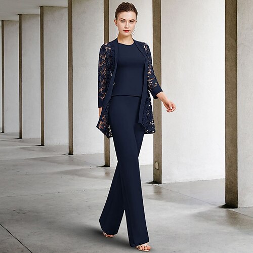 

Two Piece Pantsuit Mother of the Bride Dress Plus Size Elegant Jewel Neck Floor Length Chiffon Lace Sleeveless Wrap Included with Appliques 2022