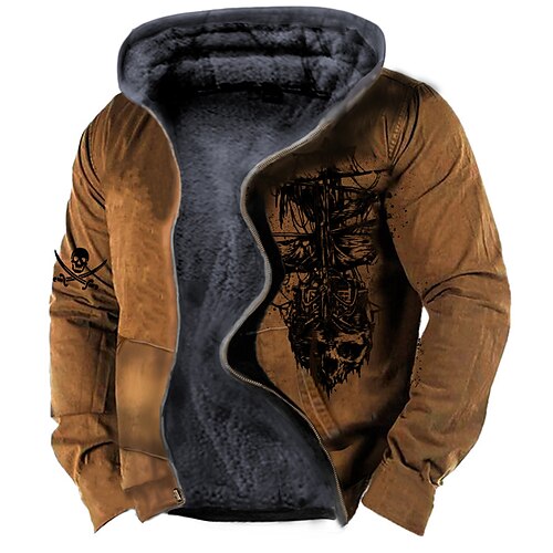 

Homens Casaco de lã Full Zip Hoodie Moletom de lã Jaqueta Sherpa moletons grossos Marron Com Capuz Caveiras Estampas Abstratas Zíper Imprimir Desportos e Ar livre Diário Esportes Impressão 3D Tosão