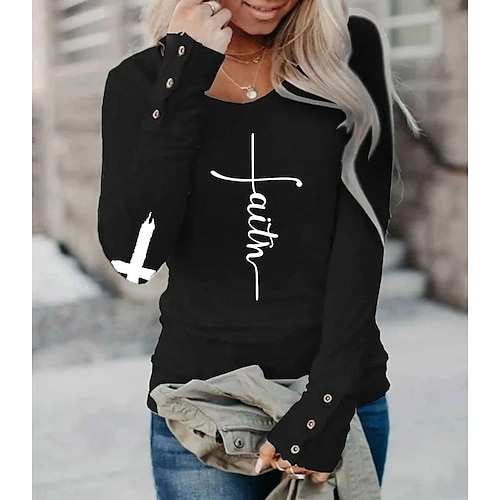 Women's T shirt Tee Burgundy Tee faith Graphic Button Casual Long Sleeve Round Neck Black Fall & Winter