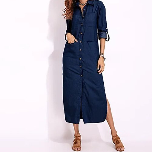 

Women's Casual Dress Sheath Dress Long Dress Maxi Dress Dark Blue Light Blue Long Sleeve Pure Color Pocket Winter Fall Autumn Shirt Collar Winter Dress Fall Dress Loose Fit 2022 S M L XL XXL 3XL 4XL