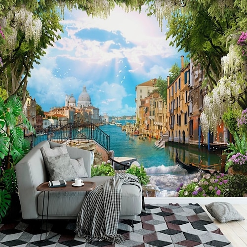 

3D Landscape Mural Wallpaper Floral and Waterfall Venice Wall Sticker Print Peel and Stick Removable PVC/Vinyl Material Self Adhesive/Adhesive Required Wall Decor Wall Mural for Living Room Bedroom