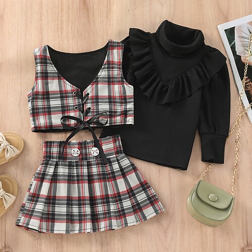 

3 Pieces Toddler Girls' Plaid Clothing Set Set Long Sleeve Fashion Outdoor Cotton 3-7 Years Winter Black / Fall / Above Knee