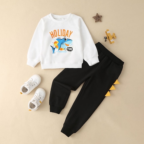 

2 Pieces Kids Boys Sweatshirt & Pants Clothing Set Outfit Letter Shark Long Sleeve Cotton Set Outdoor Fashion Casual Winter Fall 3-7 Years White